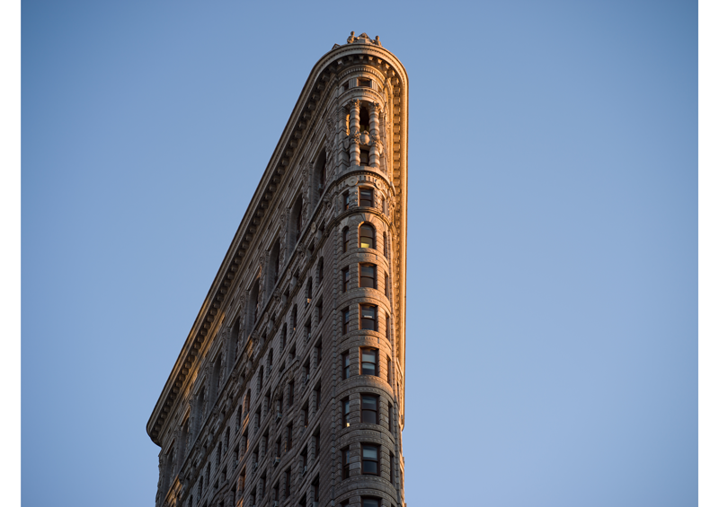 Hasselblad X1D sample Photo of the Flat Iron Building in Golden hour with Clear bright blue sky